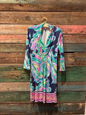 Lily Pulitzer Navy, Hot Pink, Green Print Pleated Long Sleeve Dress Sz M